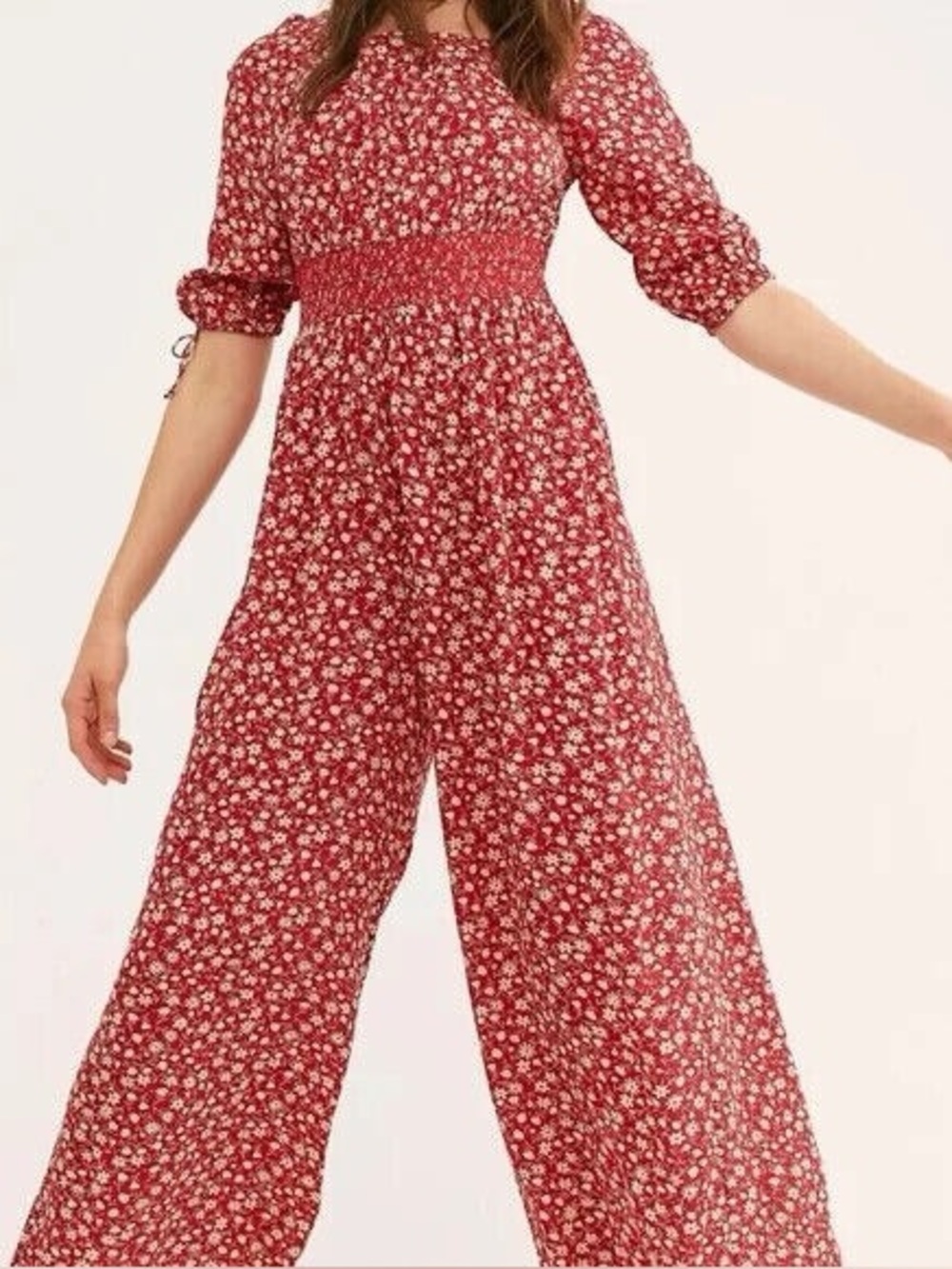 Free People x Saint Helena Red Floral Smocked Jumpsuit Womens Size‎ M